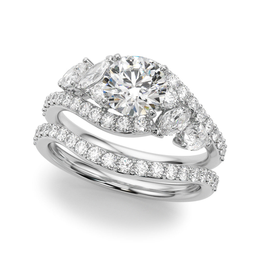 Silver Round Diamond Halo Ring with Marquise and Pavé Band in Prong Setting