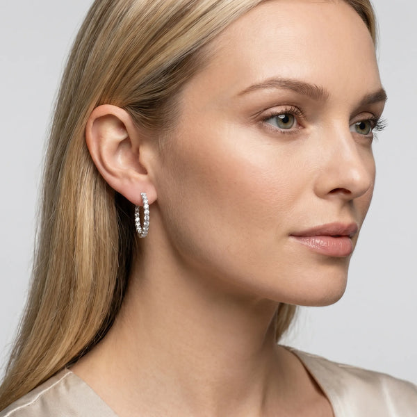 Silver Round Diamond Hoop Earrings with Prong Setting