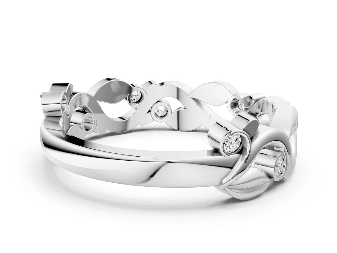 Silver Round Diamond Leaf Eternity Band with Bezel Setting_12