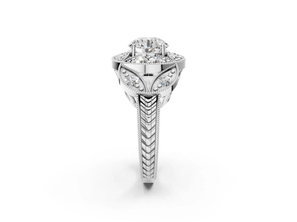 Sterling Silver Round Vintage Halo Engagement Ring Setting with Milgrain Leaf Panels and Carved Band