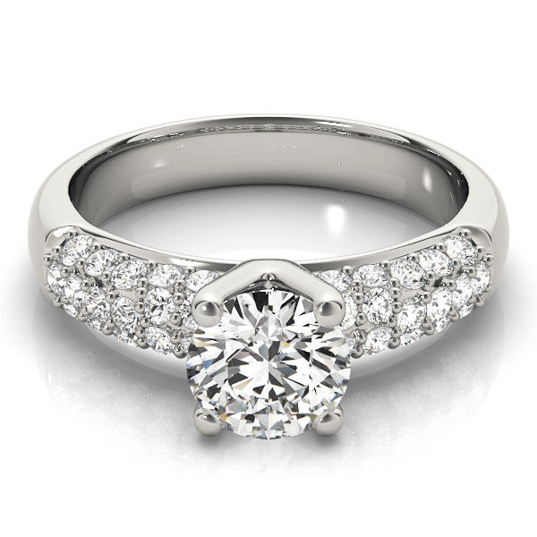 Silver Round Diamond Pavé Band Solitaire Ring with Four-Prong Setting