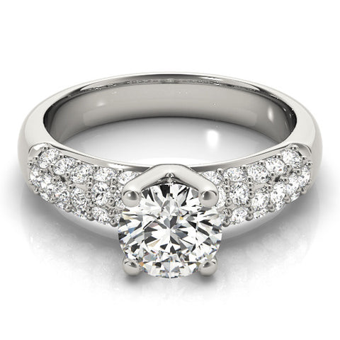 Silver Round Diamond Pavé Band Solitaire Ring with Four-Prong Setting