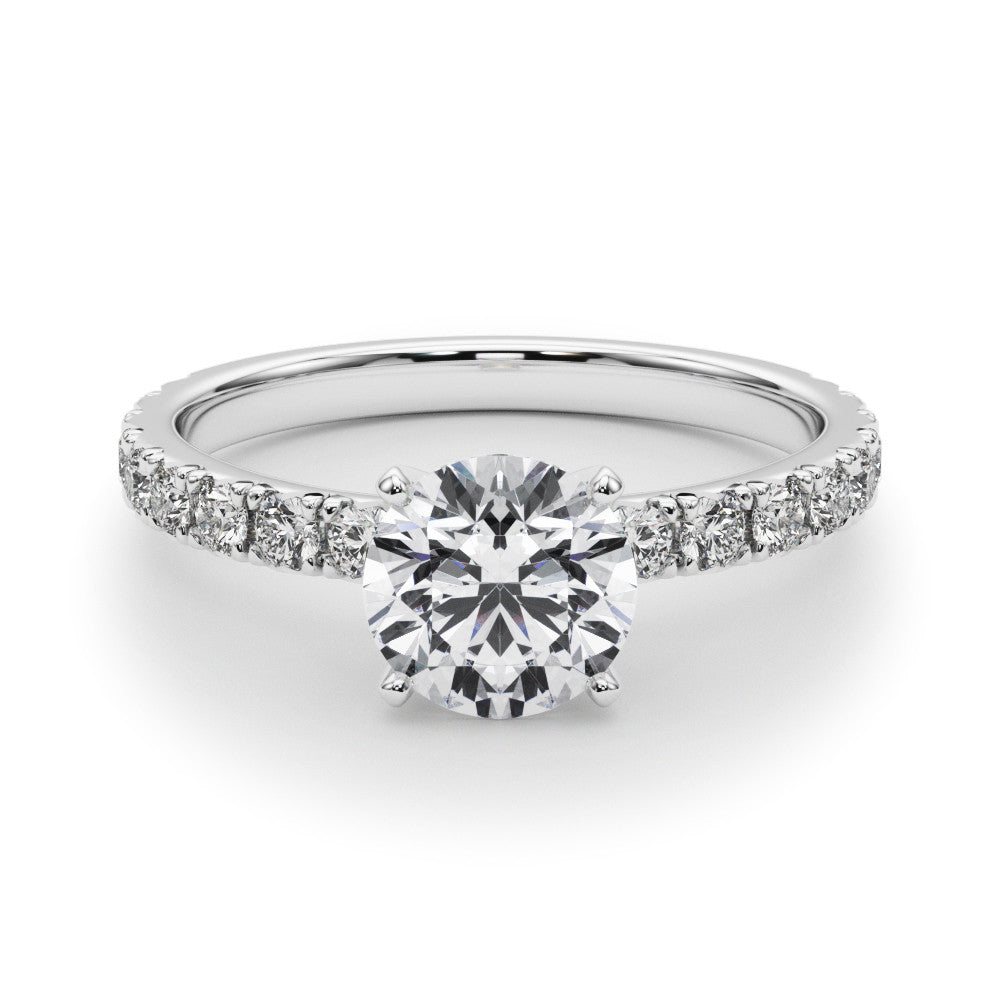 Silver Round Diamond Pavé Band Solitaire with Four-Prong Setting