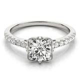 Silver Fancy Blue Round Cut Diamond Ring with Pavé Band and Floral Prong Setting