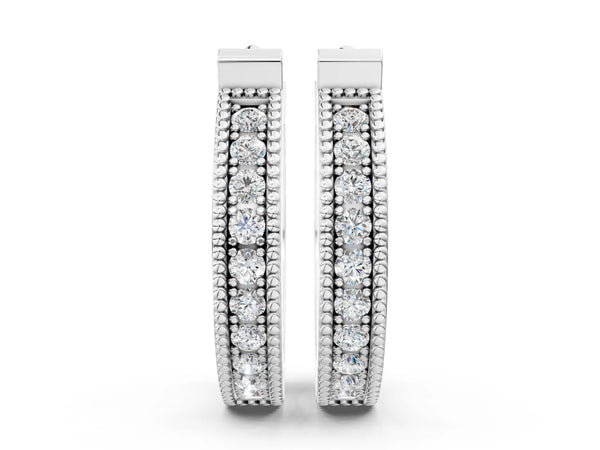 Sterling Silver Round Laboratory-Grown Diamond Vintage Pave Hoop Earrings with Milgrain Edge