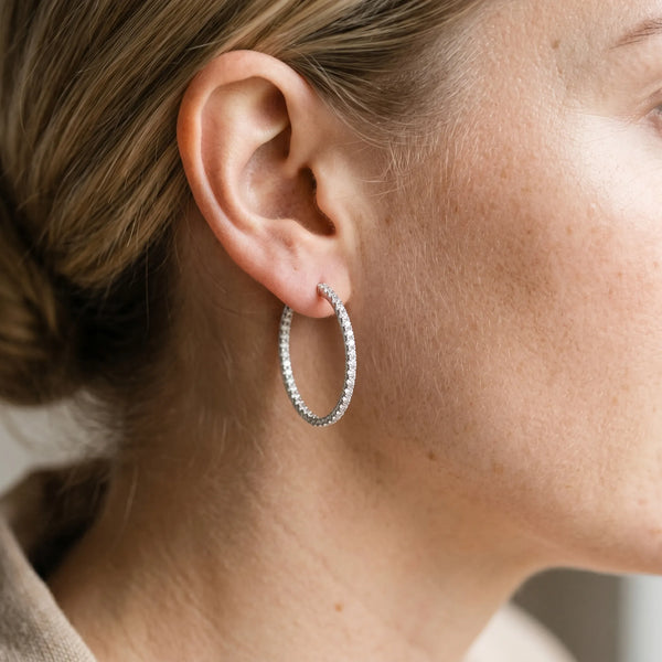 Silver Round Diamond Pave Hoop Earrings with Prong Setting