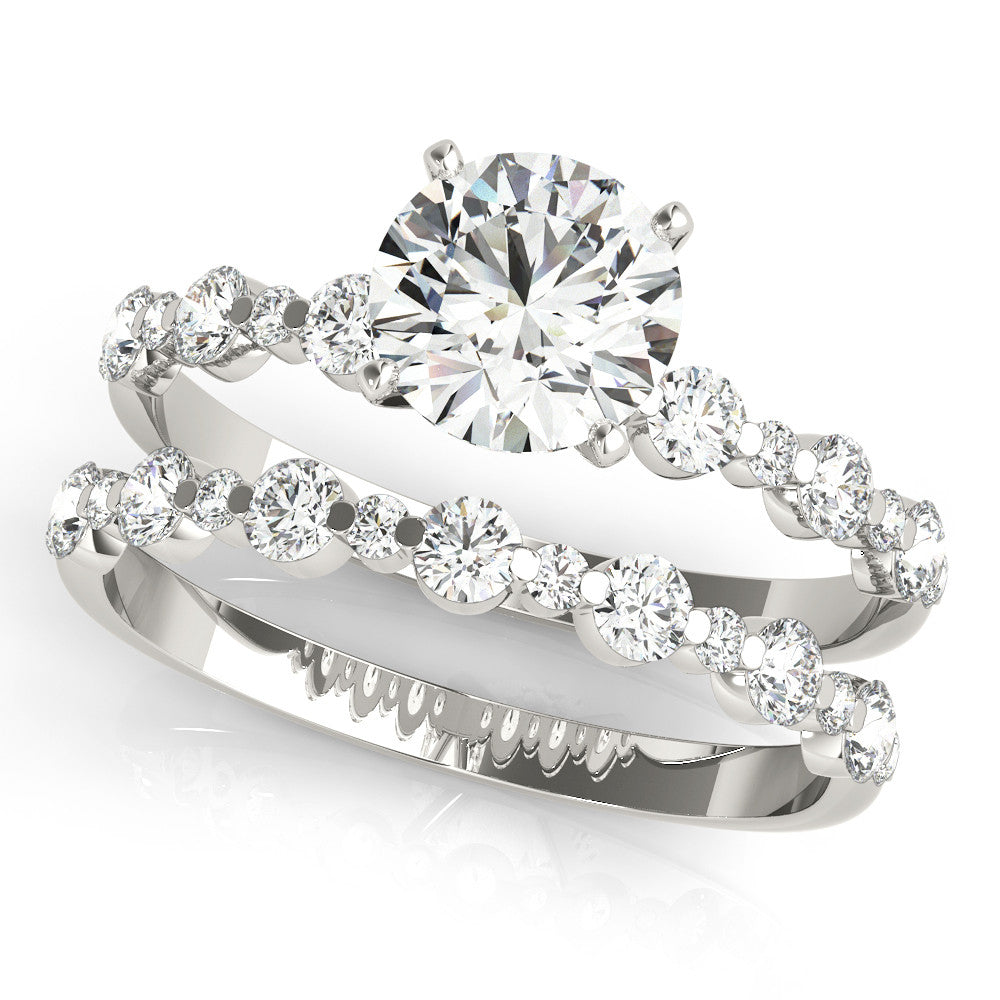 Silver Round Diamond Prong Set Engagement Ring with Pave Band