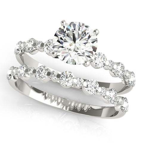 Silver Round Diamond Prong Set Engagement Ring with Pave Band