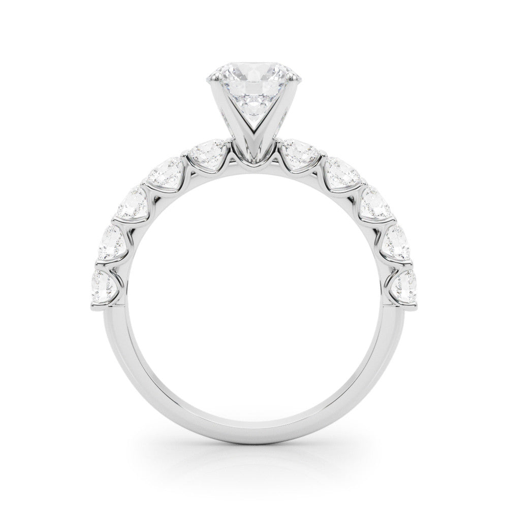 Silver Round Diamond Prong Setting with Side Stones on a Pave Band 1