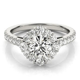 Silver Round Diamond Scalloped Halo Ring with Pavé Band and Four-Prong Setting 1