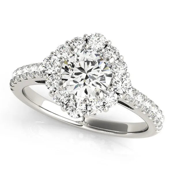 Silver Round Diamond Scalloped Halo Ring with Pavé Band and Four-Prong Setting