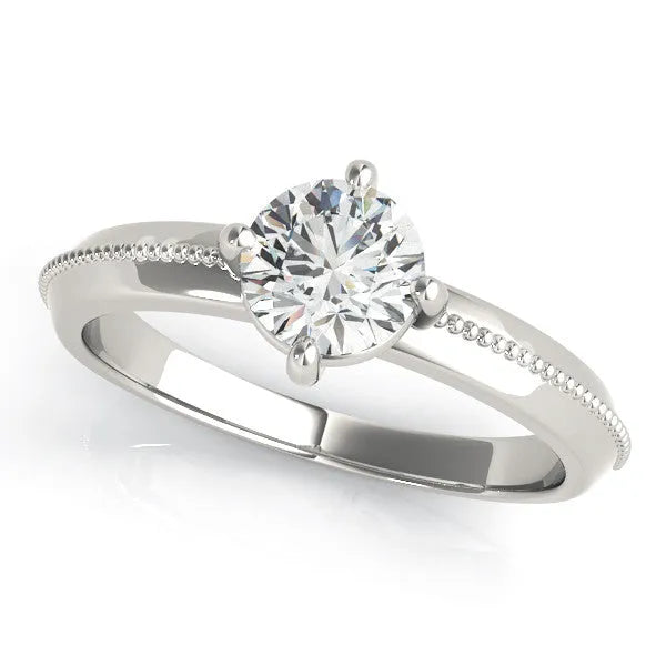 Silver Round Diamond Solitaire Ring with Beaded Band and Four-Prong Setting