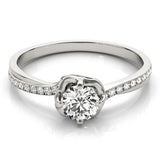 Silver Round Diamond Solitaire Ring with Pavé Band and Sculpted Prong Setting 1