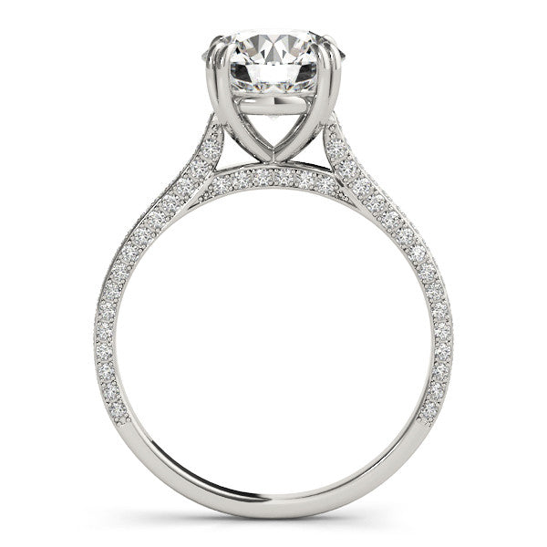 Silver Round Diamond Solitaire with Pave Band and Six-Prong Setting 1