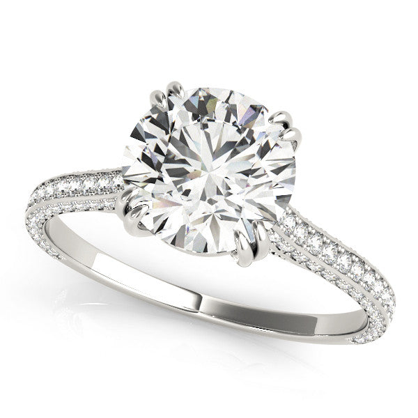 Silver Round Diamond Solitaire with Pave Band and Six-Prong Setting 2