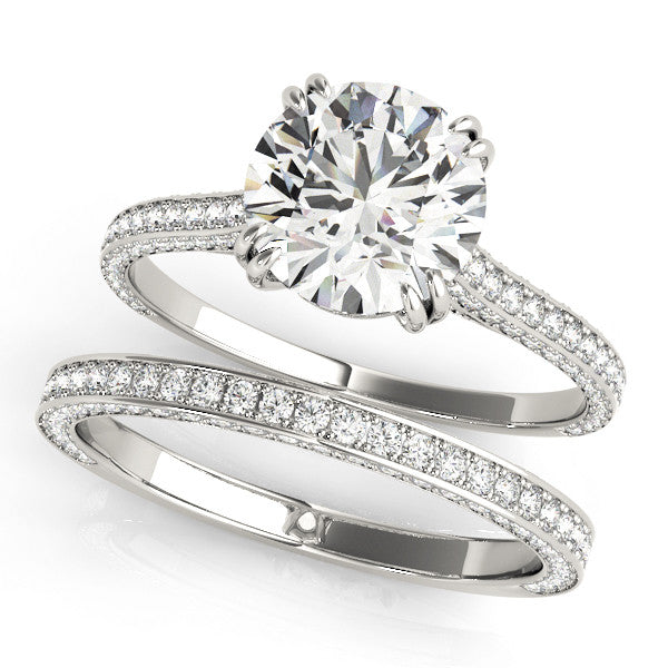 Silver Round Diamond Solitaire with Pave Band and Six-Prong Setting