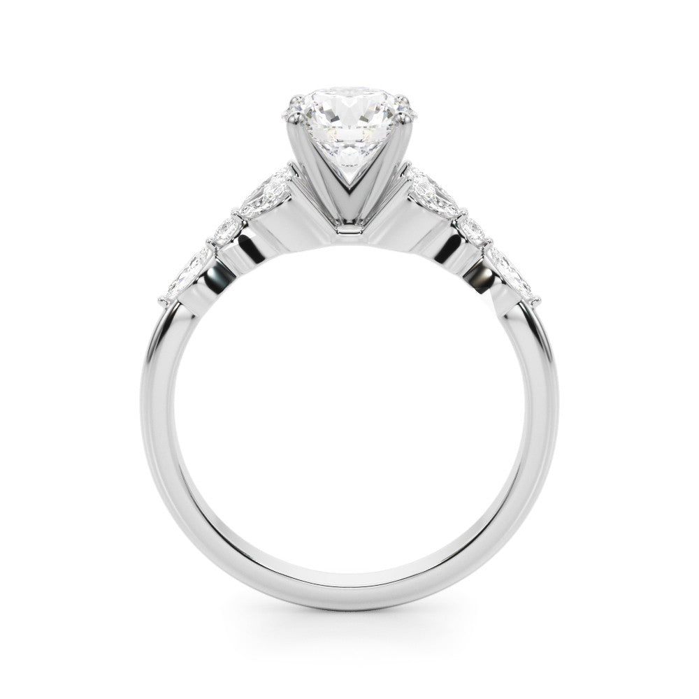 Silver Round Diamond Solitaire with Side Stones on a Silver Band and Four-Prong Setting 1