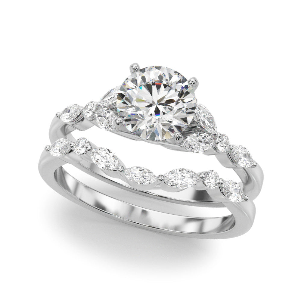 Silver Round Diamond Solitaire with Side Stones on a Silver Band and Four-Prong Setting