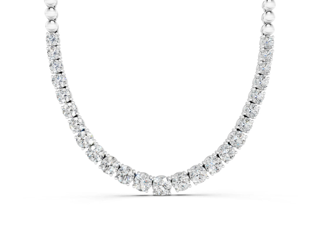Silver Round Diamond Tennis Necklace with Prong Setting and Bead Chain