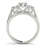Silver Round Diamond Three-Stone Engagement Ring with Prong Setting and Pavé Band