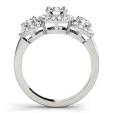 Silver Round Diamond Three-Stone Halo Ring with Prong Setting and Pavé Accents 2
