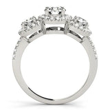 Silver Round Diamond Three-Stone Halo Ring with Prong Setting and Pavé Band 2