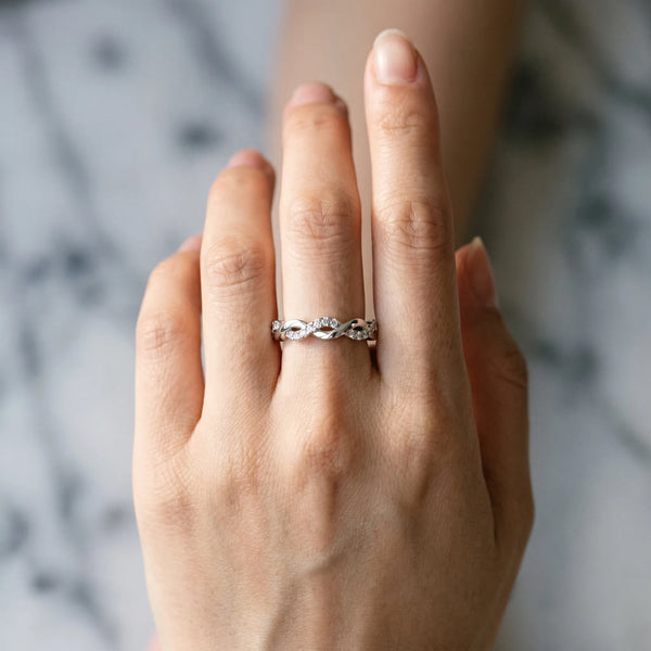 White gold Round Diamond Twist Eternity Band with Pavé Setting