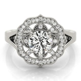 Silver Round Diamond Vintage Floral Halo Ring with Split Shank and Four-Prong Setting 1
