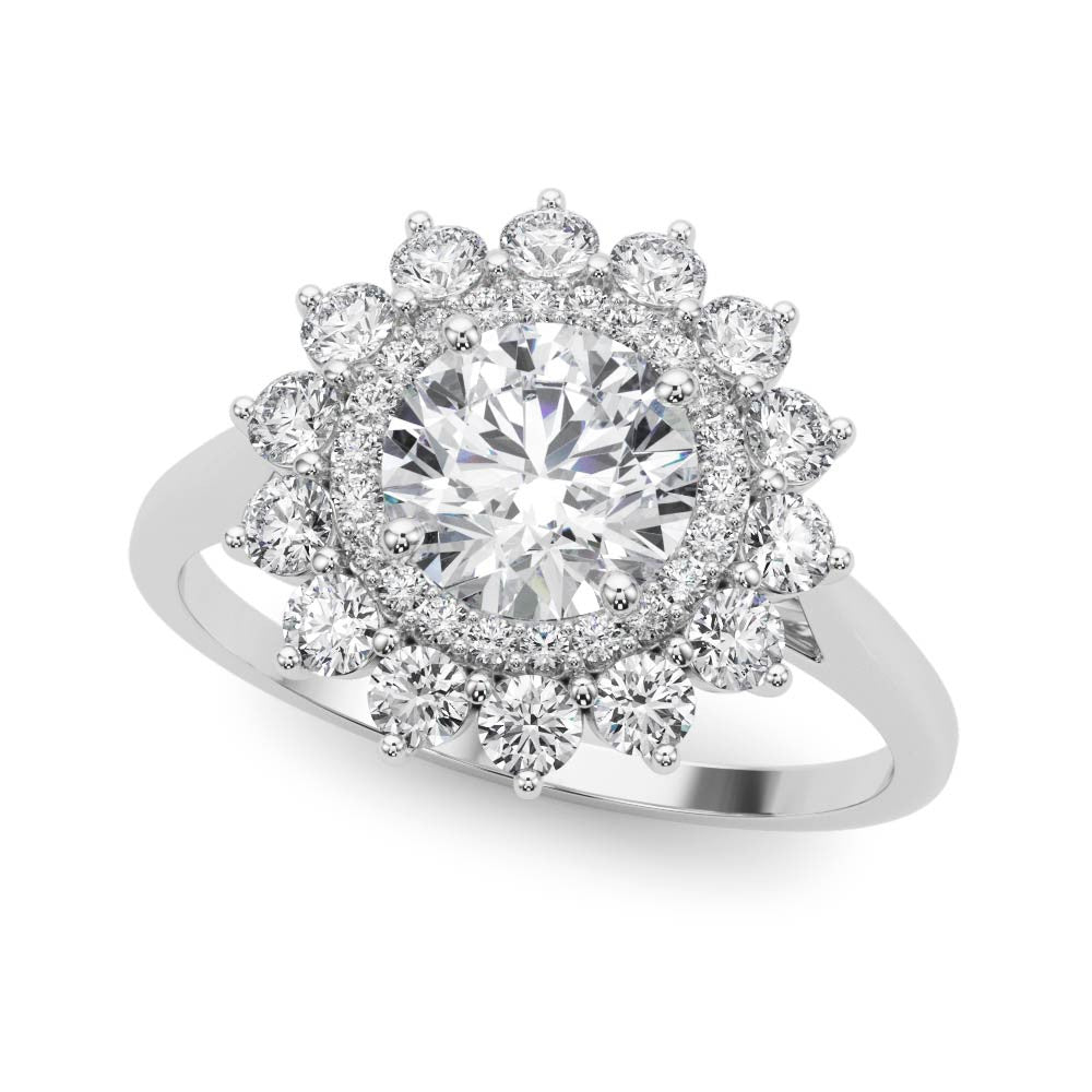 Silver Round Halo Cluster Diamond Ring with Pave Band and Four-Prong Setting 1