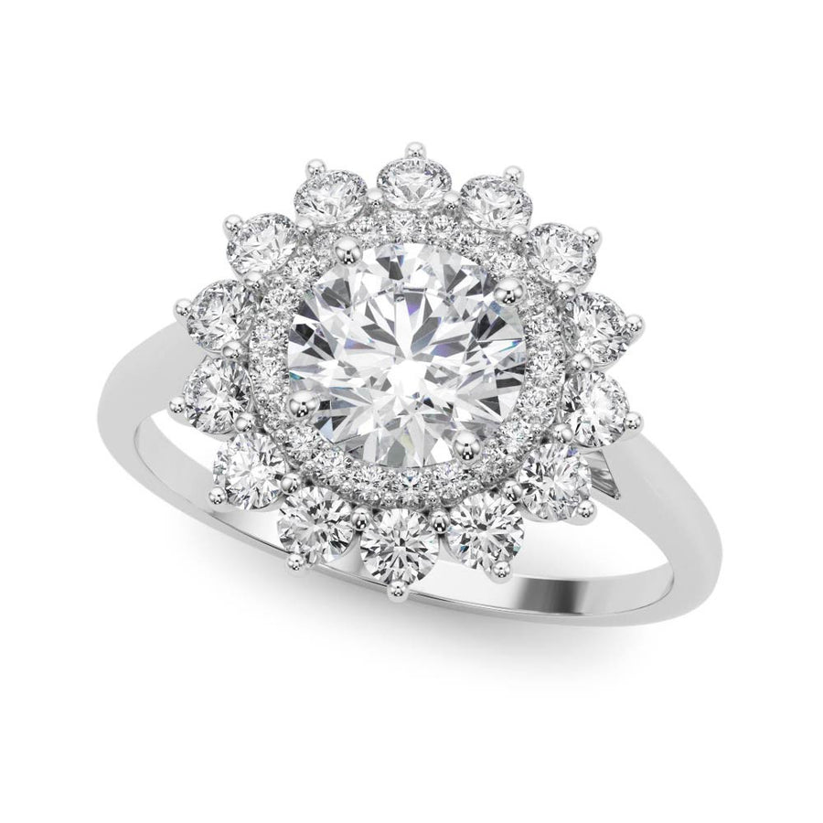 White gold Round Halo Cluster Diamond Ring with Pave Band and Four-Prong Setting