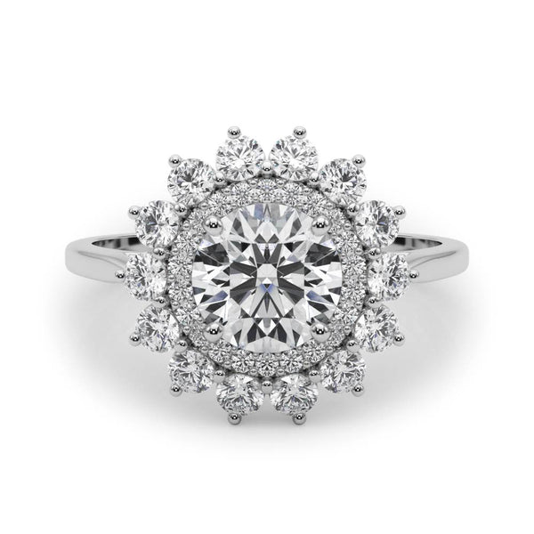 White gold Round Halo Cluster Diamond Ring with Pave Band and Four-Prong Setting