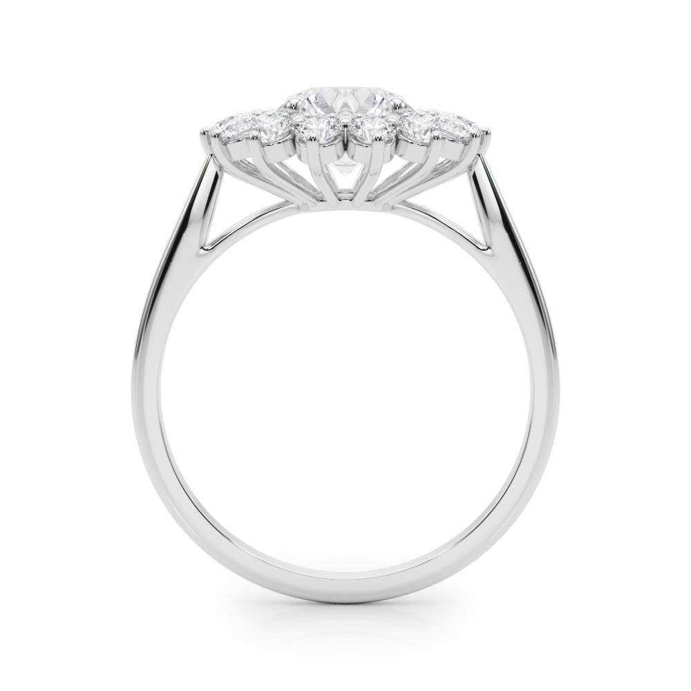 Silver Round Halo Cluster Diamond Ring with Pave Band and Four-Prong Setting