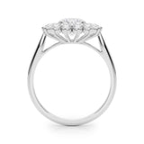 Silver Round Halo Cluster Diamond Ring with Pave Band and Four-Prong Setting