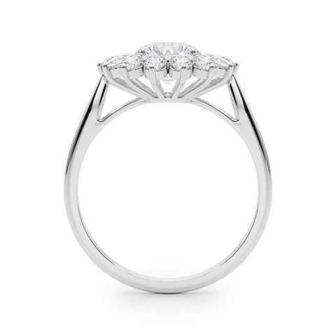 Silver Round Halo Cluster Diamond Ring with Pave Band and Four-Prong Setting