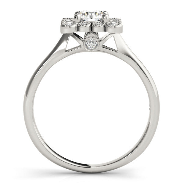 Silver Round Halo Diamond Cluster Engagement Ring with Milgrain Bezel Setting and Solitaire Band