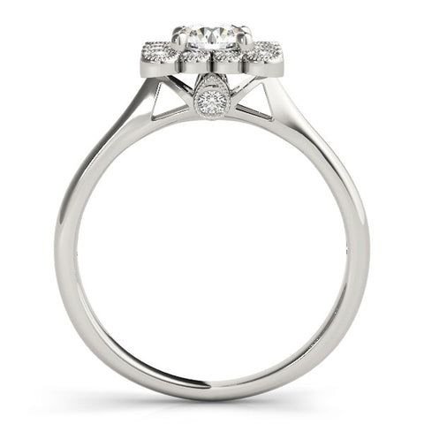Silver Round Halo Diamond Cluster Engagement Ring with Milgrain Bezel Setting and Solitaire Band