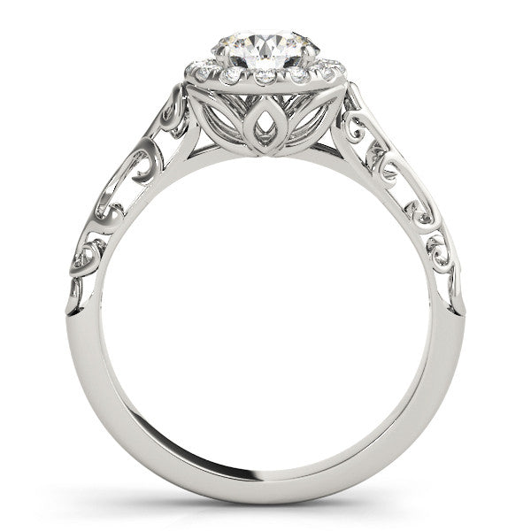 Silver Round Halo Diamond Engagement Ring with Intricate Filigree Band and Four-Prong Setting 1
