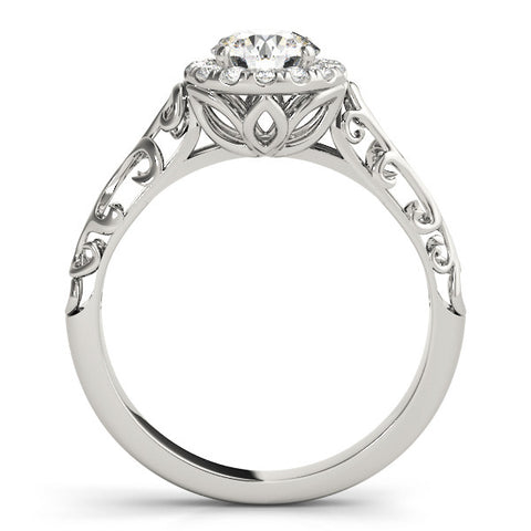 Silver Round Halo Diamond Engagement Ring with Intricate Filigree Band and Four-Prong Setting 1
