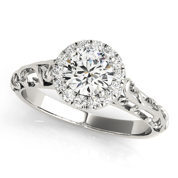 Silver Round Halo Diamond Engagement Ring with Intricate Filigree Band and Four-Prong Setting 2