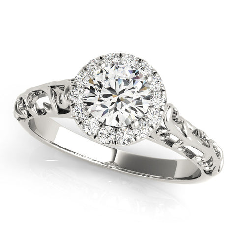 Silver Round Halo Diamond Engagement Ring with Intricate Filigree Band and Four-Prong Setting 2