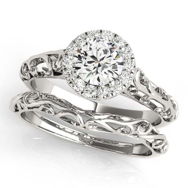 Silver Round Halo Diamond Engagement Ring with Intricate Filigree Band and Four-Prong Setting