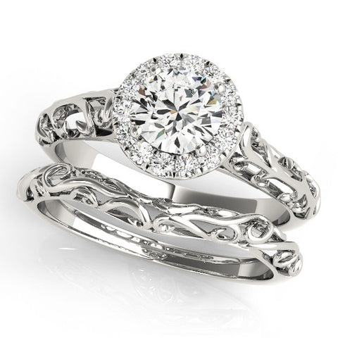 Silver Round Halo Diamond Engagement Ring with Intricate Filigree Band and Four-Prong Setting