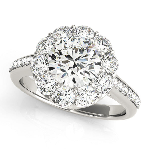 14K White Gold 3.06 Carat E VVS2 Round Halo Diamond Engagement Ring with Pavé Band and Prong Setting