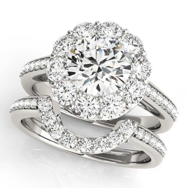 14K White Gold 3.06 Carat E VVS2 Round Halo Diamond Engagement Ring with Pavé Band and Prong Setting