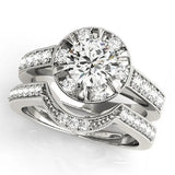 Silver Round Halo Diamond Engagement Ring with Pave Band and Claw Prong Setting 1