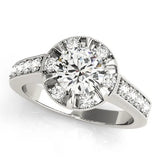 Silver Round Halo Diamond Engagement Ring with Pave Band and Claw Prong Setting