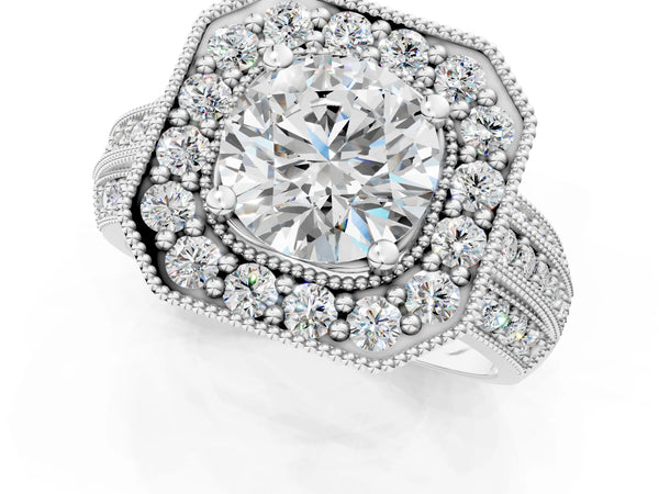 Silver Round Halo Diamond Engagement Ring with Pave Split Shank and Four-Prong Setting