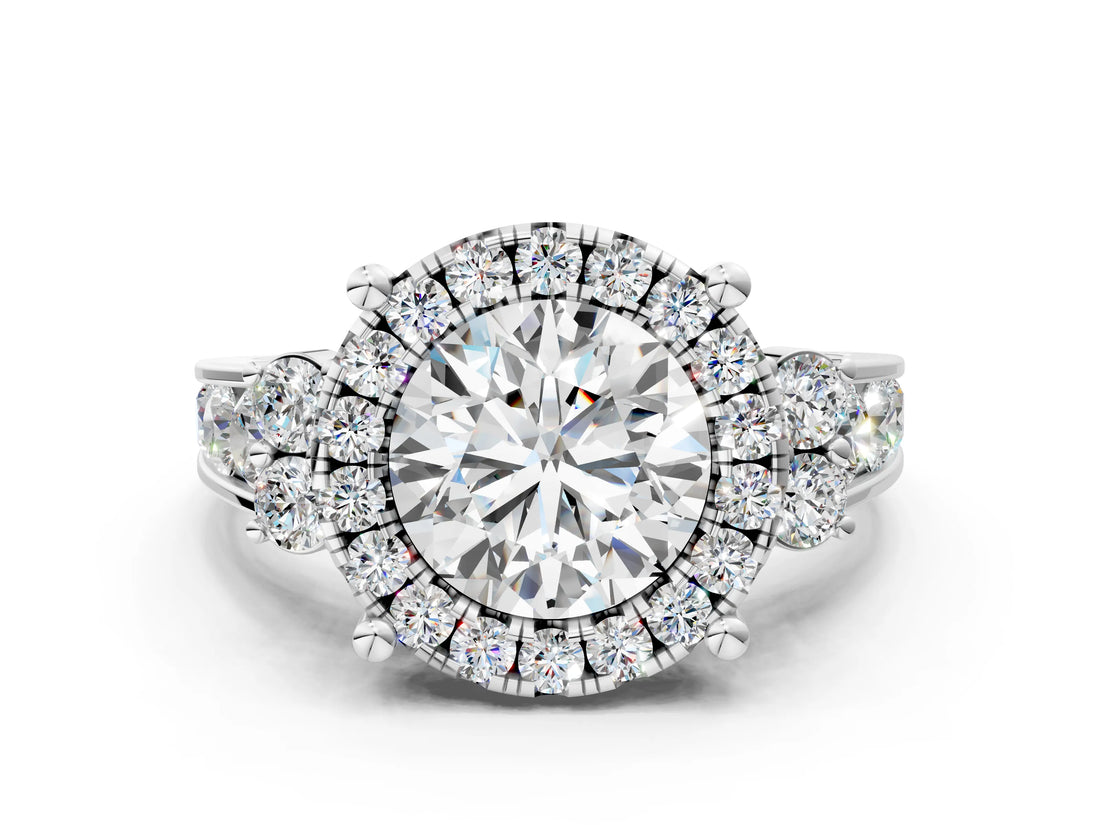 Silver Round Halo Diamond Engagement Ring with Split Shank and Four-Prong Setting