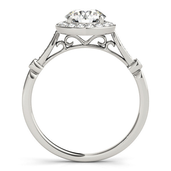 Silver Round Halo Diamond Engagement Ring with Twisted Band and Four-Prong Setting