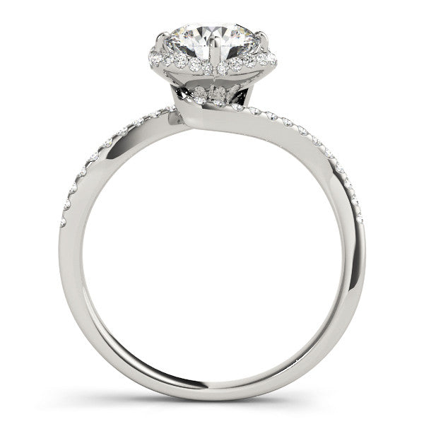 Silver Round Halo Diamond Engagement Ring with Twisted Pave Band and Four-Prong Setting